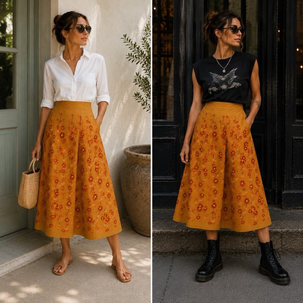 handmade mustard yellow gold red poppy floral skirt sz Small med vintage unique